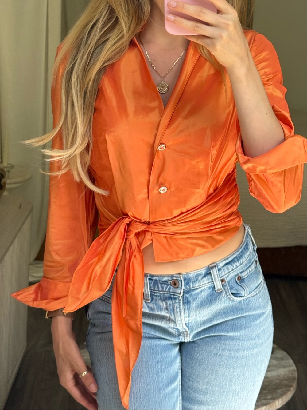 100% Silk Orange Ruffle Collar Tie Waist Blouse Flores & Flores Size 8